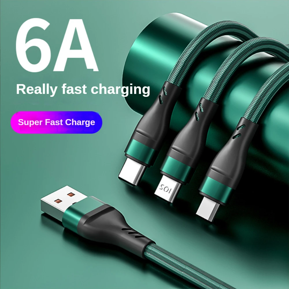 

6A 3 in 1 Charging Cable Type-C Micro USB Fast Charger Cable Nylon Braided Data Cable For iPhone Sansung Xiaomi Huawei