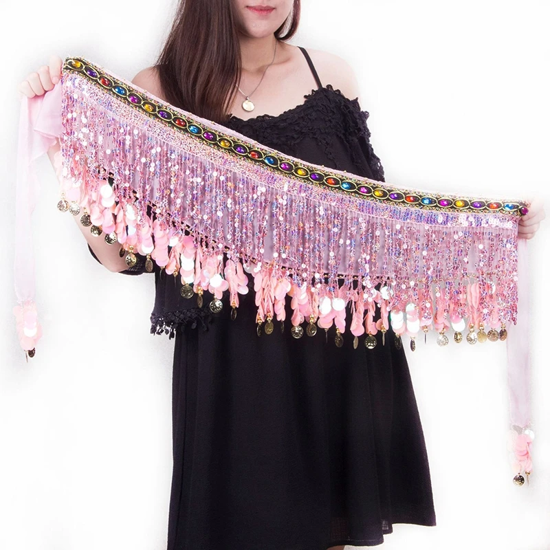 Women's Sequins Tassel Indian Belly Dance Hip Scarf with Golden Color Coin Pendant Adjustable Colorful Belly Dancing Belt