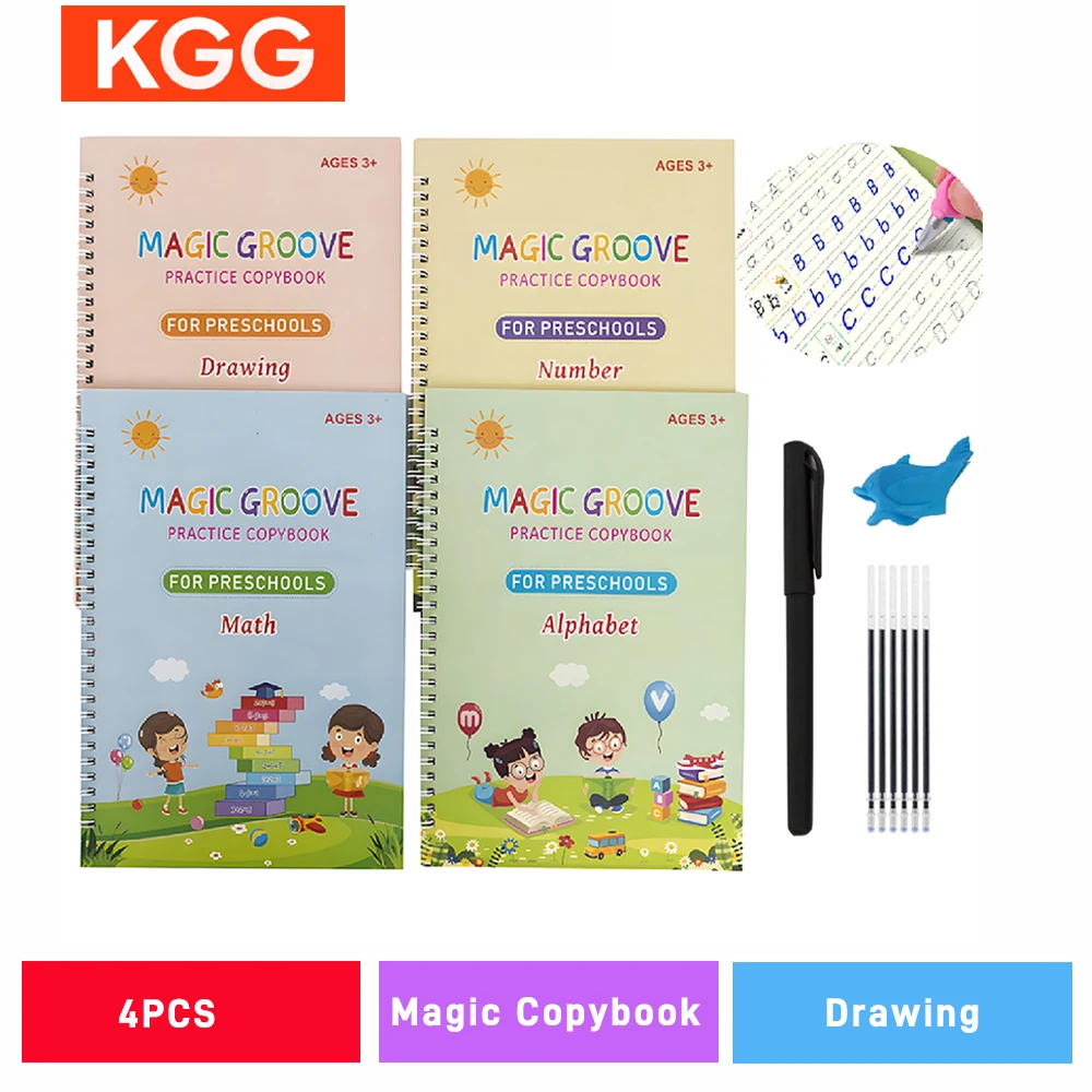

4PCS Kids Magic Copybooks With Pen Practic Reusable Writing Book Free Wiping Children Handwriting Learning Educational Toys