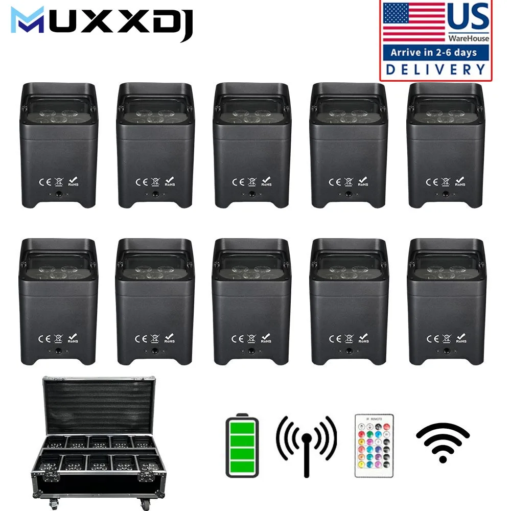 

MUXXDJ 10pcs With Case 6X18 Smart DJ RGBWA+UV 6in1 Battery Powered LED Uplight For Wedding DJ Club Par Lighting