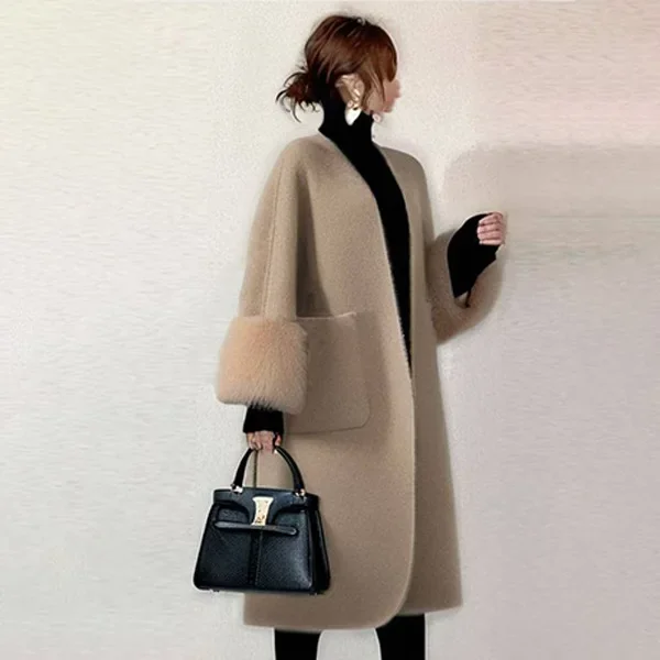 معطف فرو جلدي بطول الكتف بدون ياقة وأكمام متوسطة الطول معطف صوفي نسائي من ألياف البوليستر #4