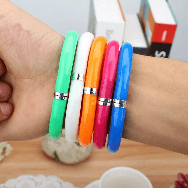 2pcs Random Color Ambidextrous Round Ballpoint Pens - Portable Plastic Rainbow Themed Fashion Bracelet Pens