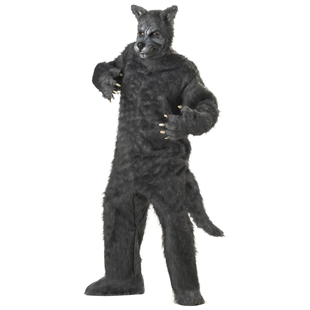 

Gray Long Plush Wolf Mascot Costume Furry Gray Jumpsuit with An Attached Tail Plus Big Bad Wolf Cosplay Costume