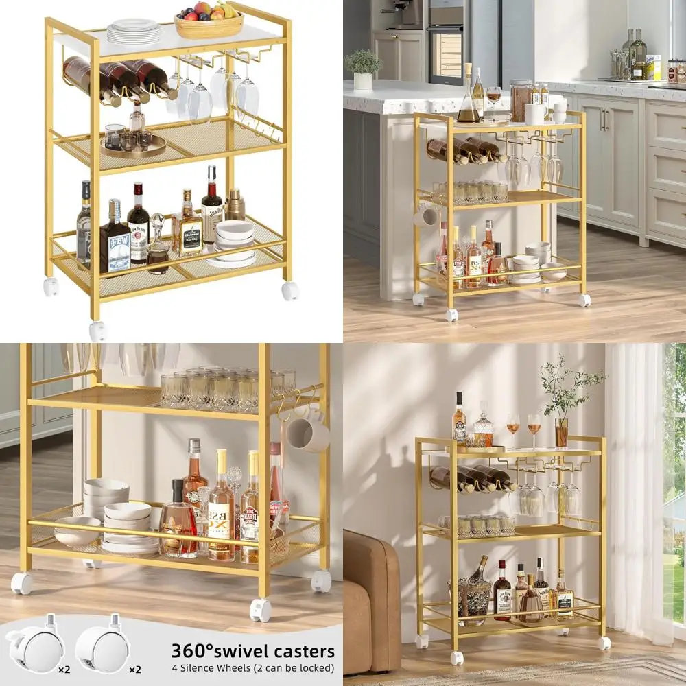 

Трехуровневая передвижная тележка для бара с подставкой для вина и держателем для бокалов, с блокирующимися колесами, идеально подходит для кухни и столовой, золотистого цвета