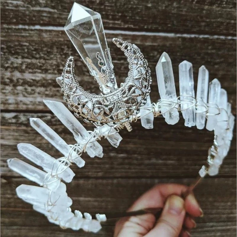 Natural white crystal Zhongnan column crystal retro ancient silver big moon handmade crown headband hair accessories