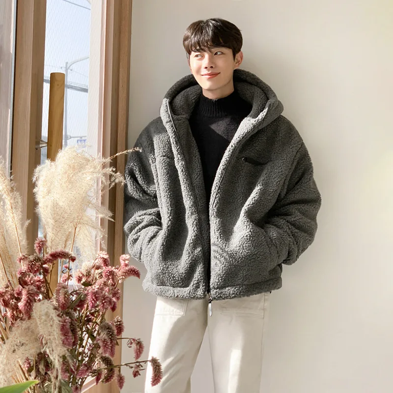 Lamb Wool Cotton Coat Men's Winter Coat Korean Version Trend Loose Cotton Coat Thickened Fleece Hooded Cotton-padded Jacket