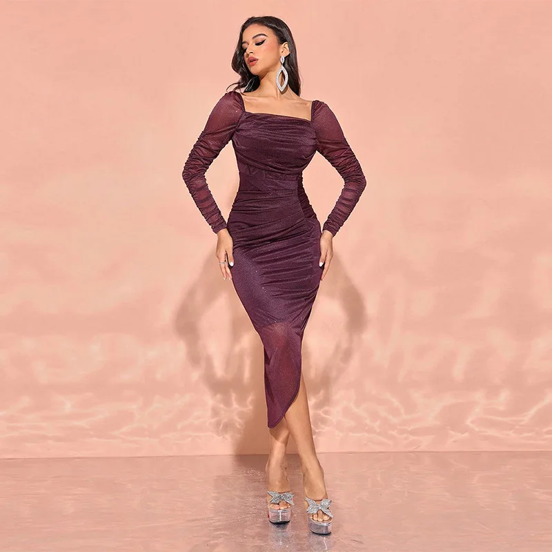 1835 strass sottile sexy collo quadrato vestito aderente moda manica lunga elegante abito da festa 2025 abito estivo abito vestido donna