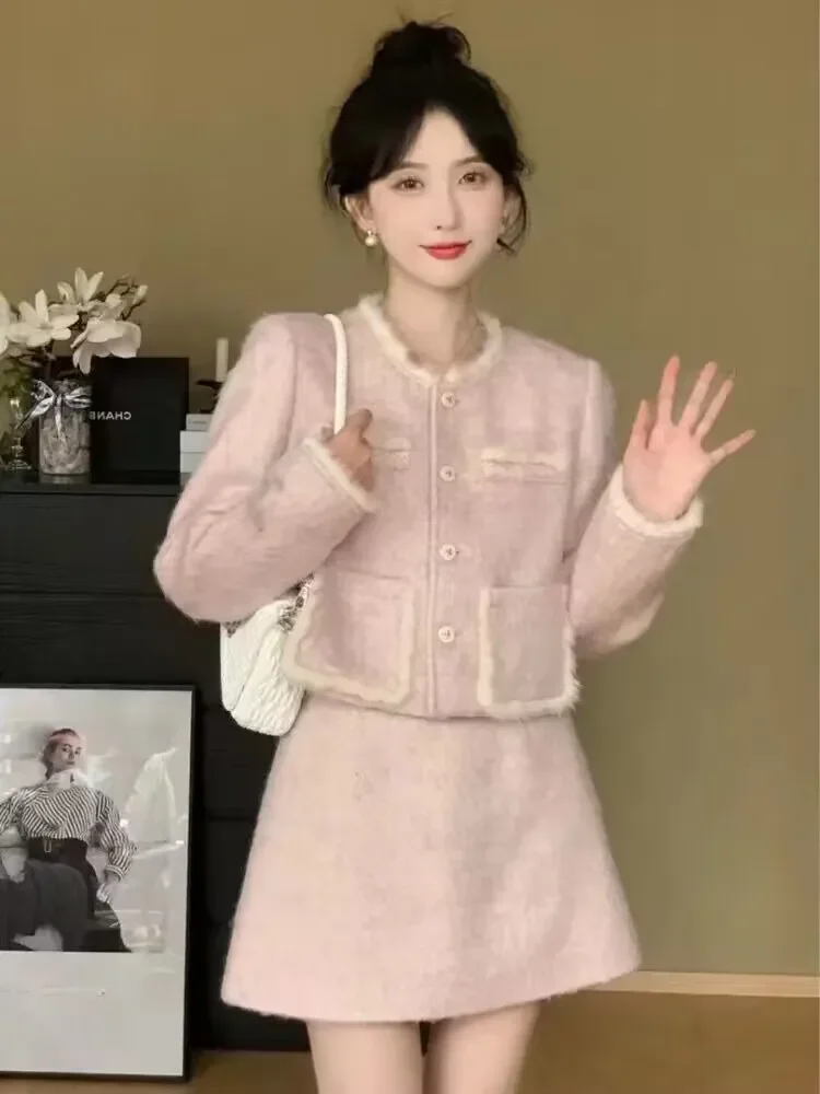 

Sweet Hot Girl Suit Women's Autumn and Winter Woolen Short Coat High Waist A-line Skirt Two-piece Set Fashion Female Clothes