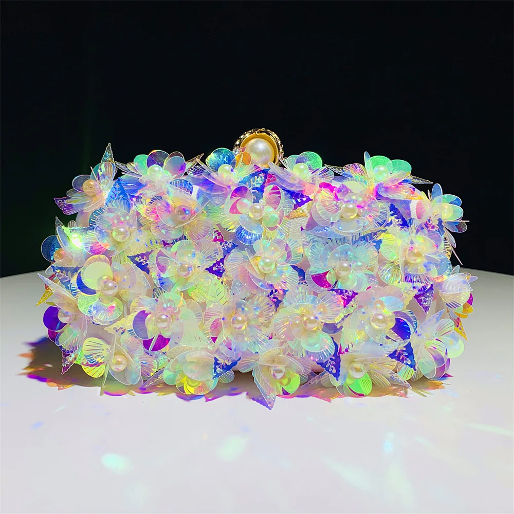 Gradual Change Flower Sequined Clutch Bag, Ladies Dinner Dress Bag