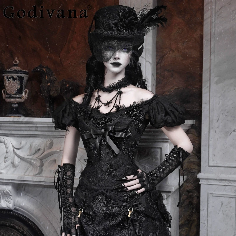 

Оригинальные черные готические топы с короткими рукавами на Хэллоуин, женские элегантные французские футболки с открытыми плечами в стиле ретро, комплект юбок