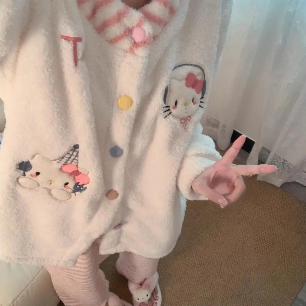 حار النسخة الكورية الفتيات مرحبا كيتي منامة مجموعة الشتاء الكرتون KT أفخم أعلى سروال مخطط سترة دافئة المرجان الصوف Homewear #5