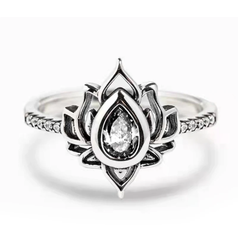 Huitan Aesthetic Lotus Flower Rings with Water Drop CZ Exquisite Women Finger-rings Fancy Anniversary Gift New Trendy Jewelry