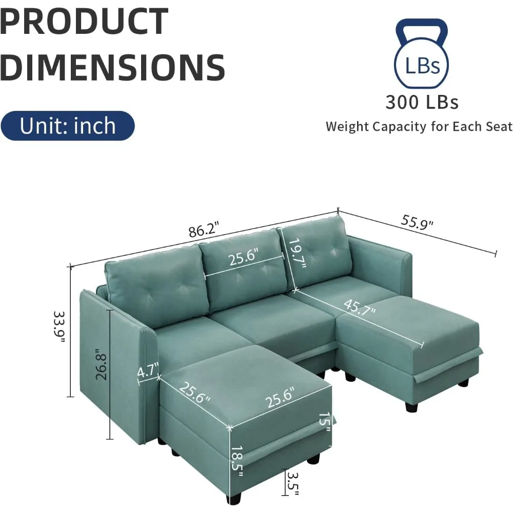 Modular sofa, U-shaped sofa with storage space, leather waterproof sofa in living room, 5-seat modular sofa