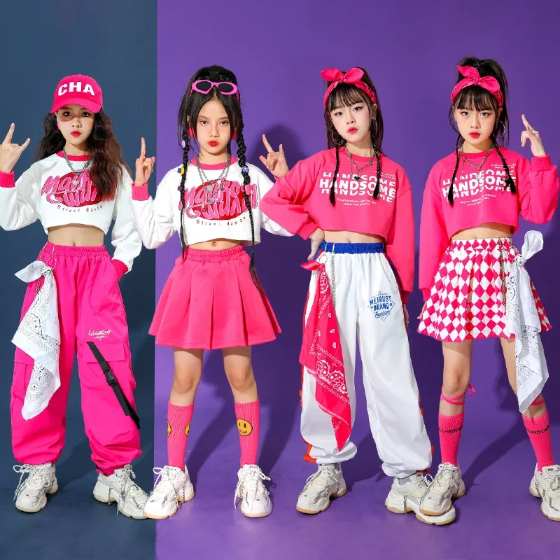 Teenage Girls Hip Hop Clothes Children Crop Top Cargo Pants Plaid Skirt Kids Streetwear Jazz Cheerleader Street Dance Costume