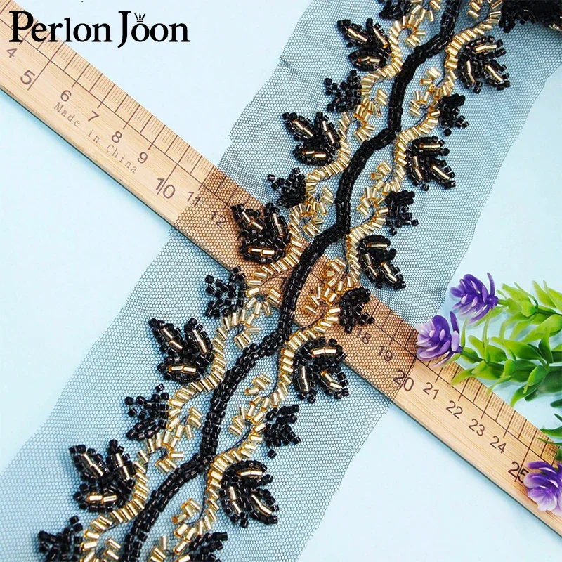 5 Yards Vintage Leaf Shape Black Gold Glass Beaded Imitation Handmade Mesh Lace Trim DIY Sew Decorated for Clothing Coat HB076