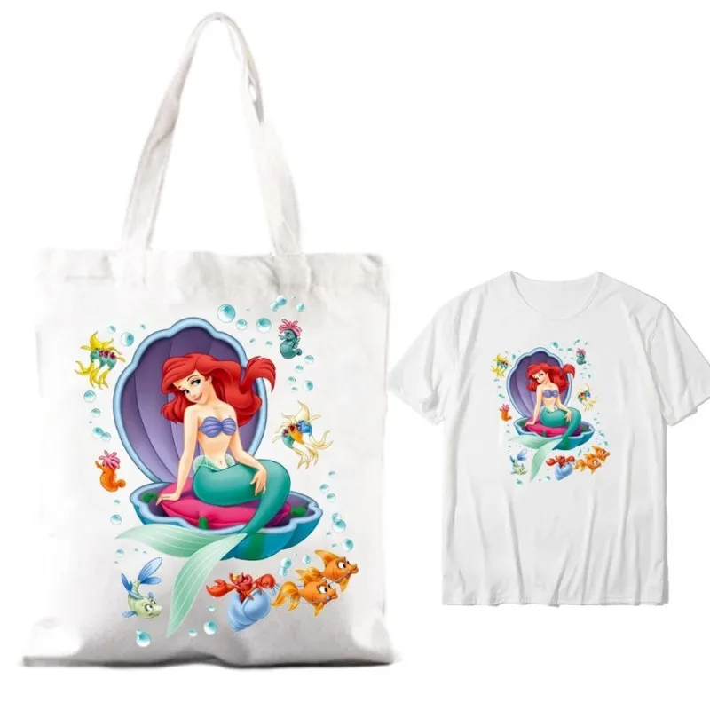 MINISO Little Mermaid Ariel Women Shoulder Bags Couple Combination Clothes Short Sleeve Collar Fashion T shirt  Man Cotton