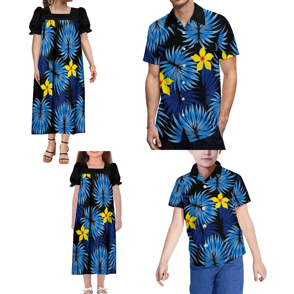 Abito da festa per la famiglia polinesiana donna ragazze Mumu Blue Dress uomo ragazzi camicia modello etnico Hibiscus Flower Leaf Custom Pattern