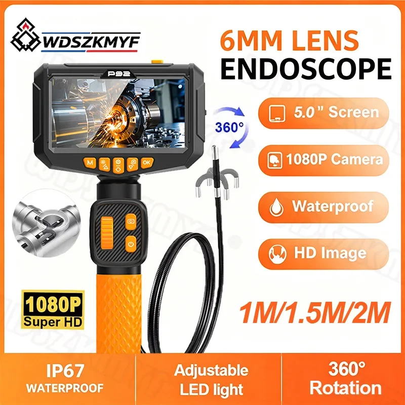 Industrial Endoscope 6.0mm Lens 360° Rotatable 1080P 5 Inch Screen IP67  for Precision Machine Inspection Maintenance