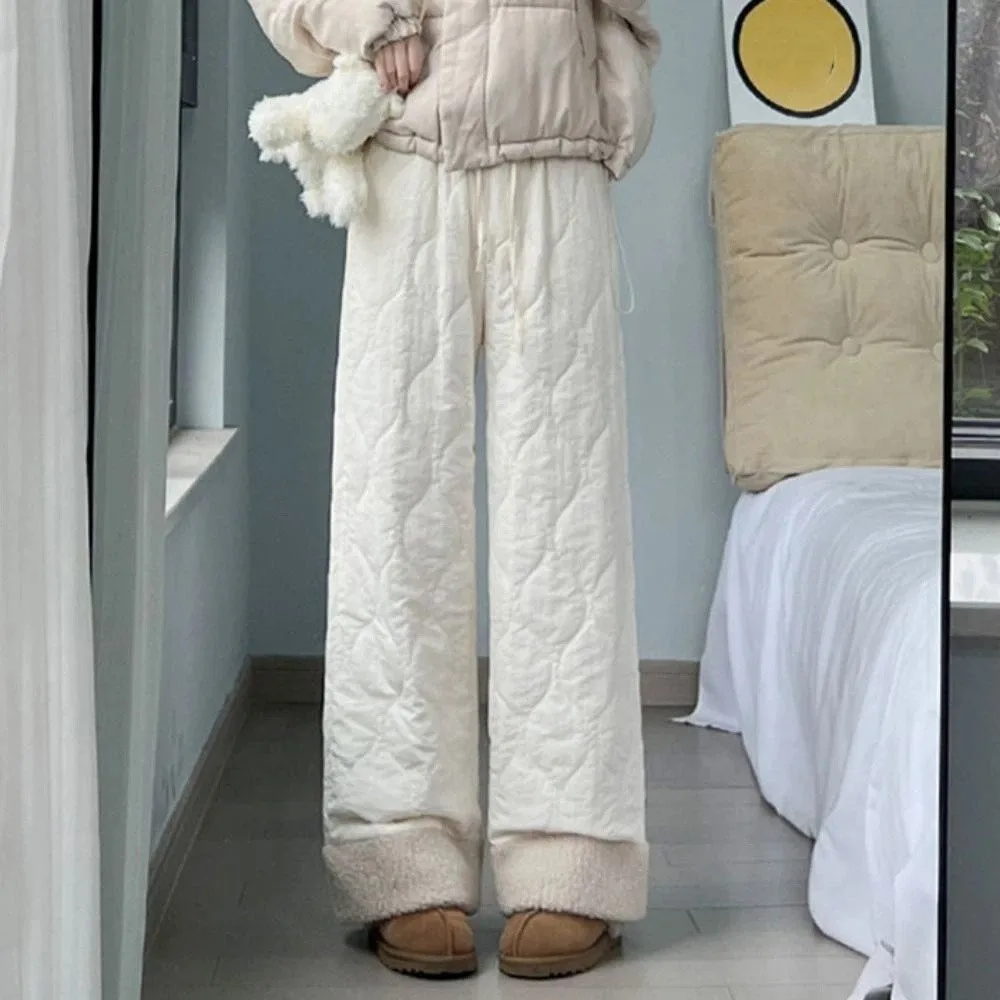 

Solid Wide Leg Thick Flannel Pants Causal Simple Basic Snow Pants Warm High Waist Windbreak Cotton Pants Women