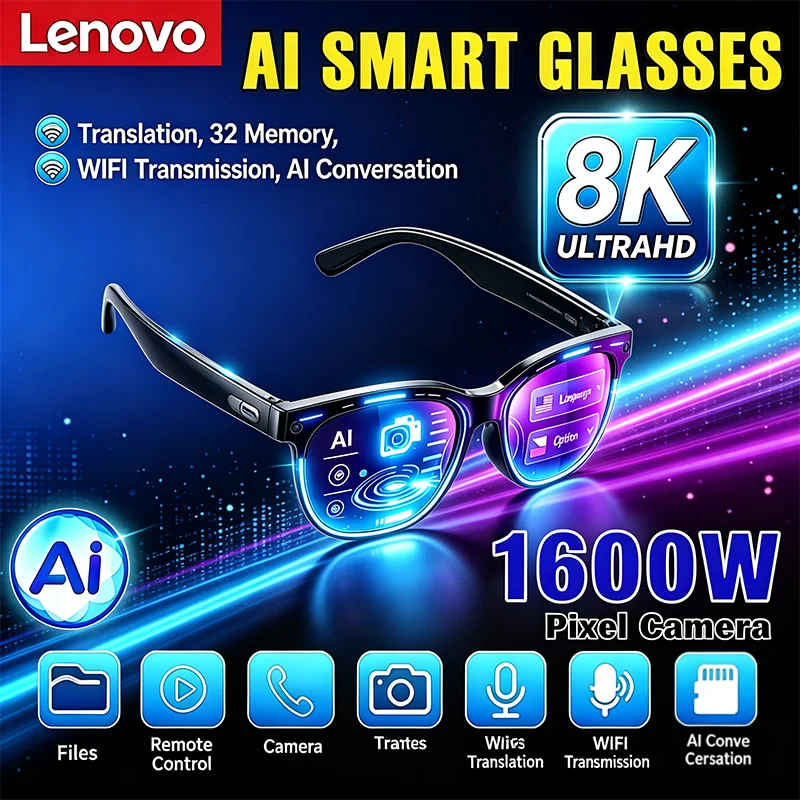 Lenovo 2026 New AI Smart Camera Glasses 8K Music Playback AI Translation Hands Free Calling Chat Logging óculos inteligente