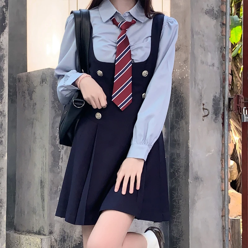 College Style Girls JK Uniform Dress Suit Navy Summer American Spicy Girl Slim Uniform Set Preppy Casual Suspender Vest Dress