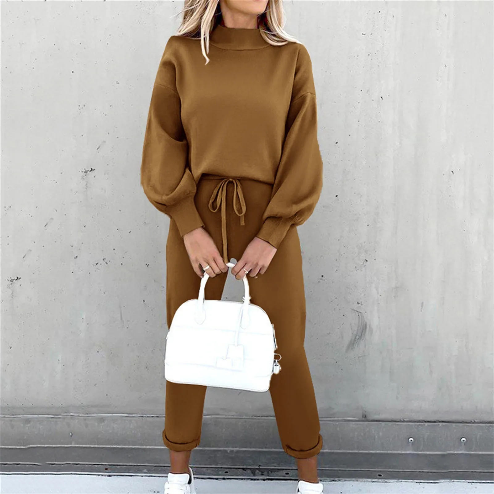 2 Piece Suit Sports for Women\'s Solid Color Fashion Casual Outfits Set Loungewear Long Sleeve Wide Leg Pants Streetwear