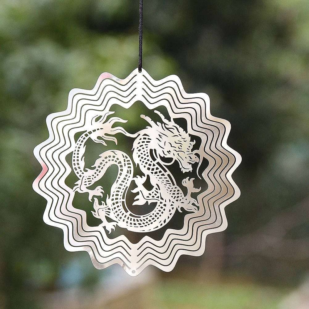 10CM Laser Openwork Chinese Dragon Mythical Animal Sunflower 3D Revolve Pendant Spinning Sequin Wind Gyro Garden Balcony Hanging