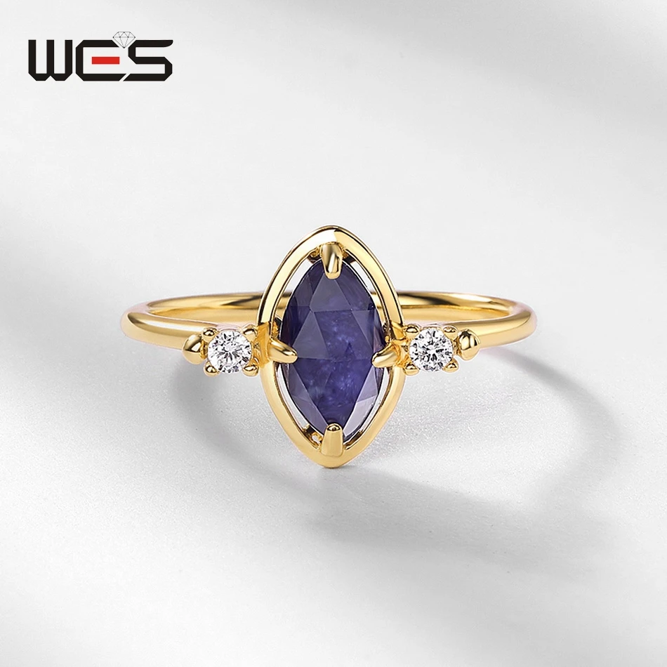 WES 925 Sterling Silver September Birthstone Natural Lapis Lazuli Vintage Ring for Woman Sapphire Birthday Gift Gold Plated