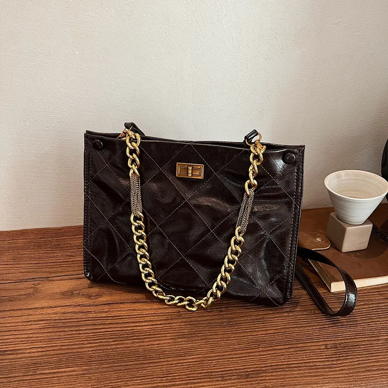 

Модная осенняя сумка-тоут — состаренная вощеная парусиновая сумка с металлической цепочкой, большая вместительная сумка через плечо для ежедневных поездок и покупок