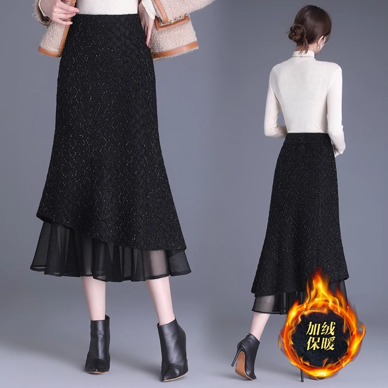 Winter Thick Skirt for Women Fashion Long Mermaid Dress Elegant Trumpet Skirt High Waist Female Velvet Lined Skirts