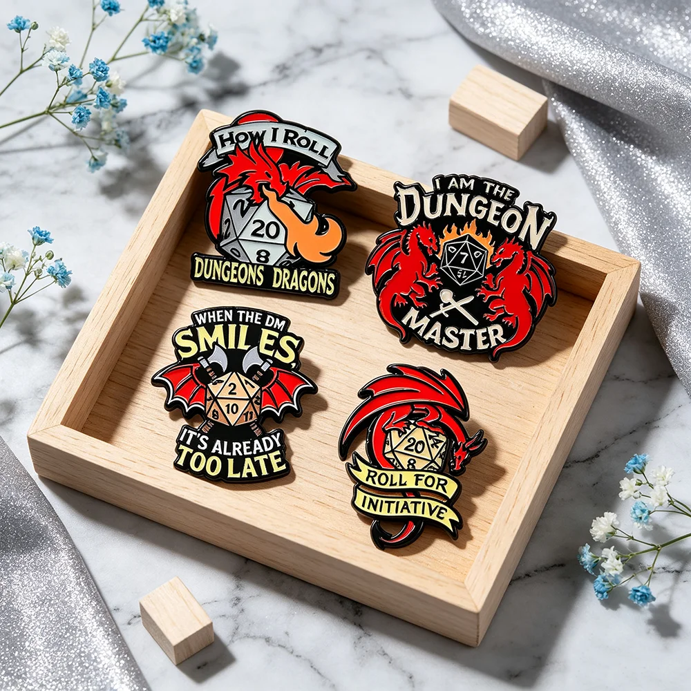 4Pcs DnD Dungeon Dragon Dice Hard Enameled Pins Set Fashion Manga Brooches for Women - Collectible Jewelry Accessories for Fans