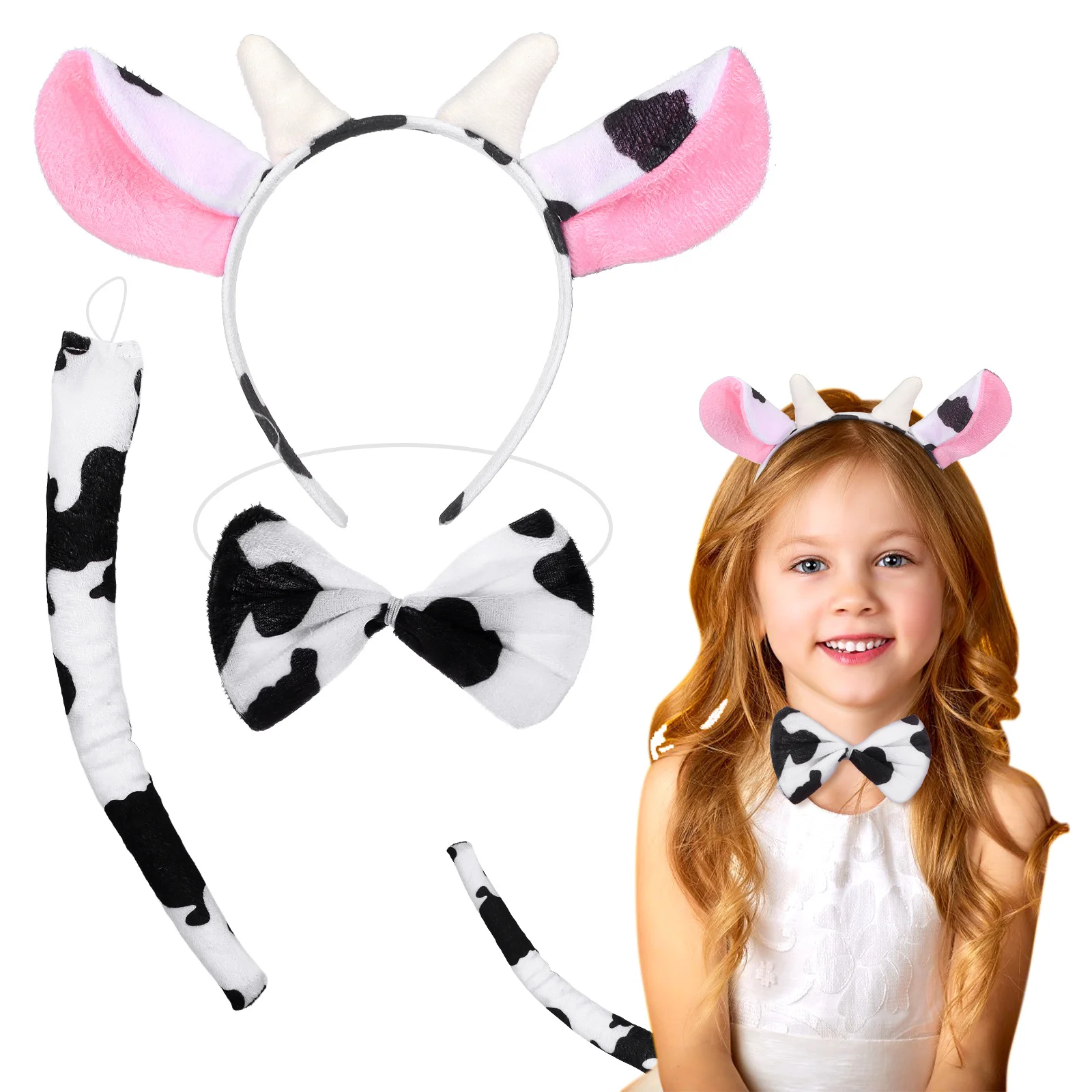 3pcs Cow Ears Headband Tail Bowtie Set For Kids Halloween Costume Party Cosplay Masquerade Carnival Cow Costume Accessories