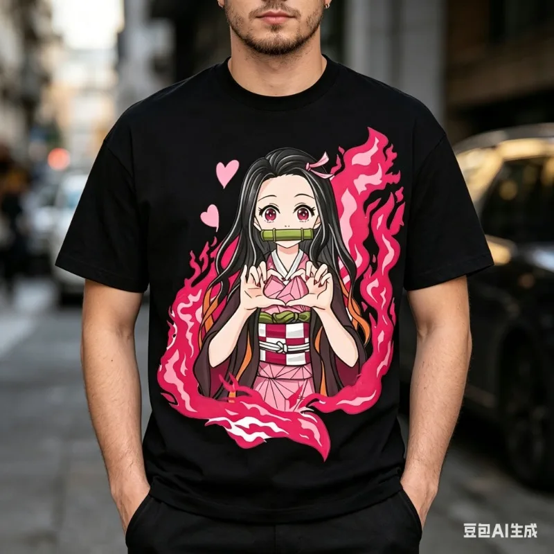 Camiseta de algodón puro de Demon Slayer Nezuko Kamado, estilo moderno 2026, nueva camiseta de verano con estampado de anime, informal, holgada, para padres e hijos, de manga corta.