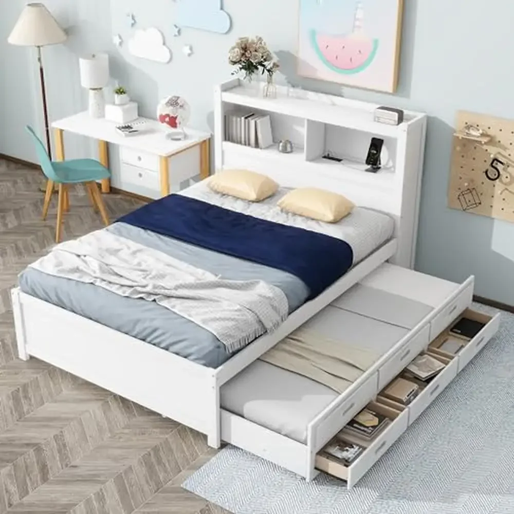 Full Platform Bed with Twin Size Trundle Bookcase Headboard Charging Station 3 Drawers White Wood Storage Frame Modern Design