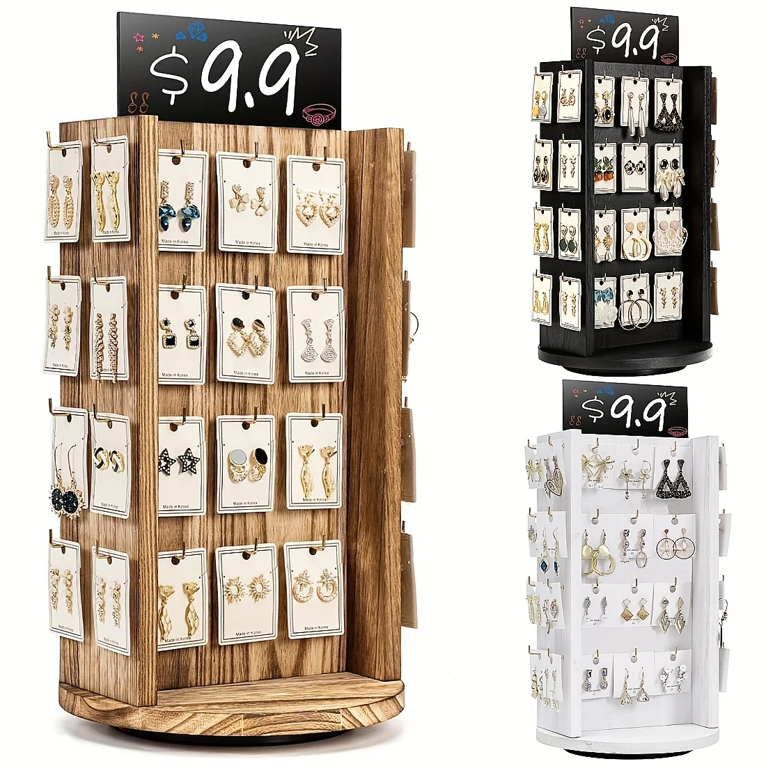 

Вращающаяся подставка для сережек из массива дерева в деревенском стиле с рекламным щитом - 40-крючка для хранения ювелирных изделий для бутиков, поделок