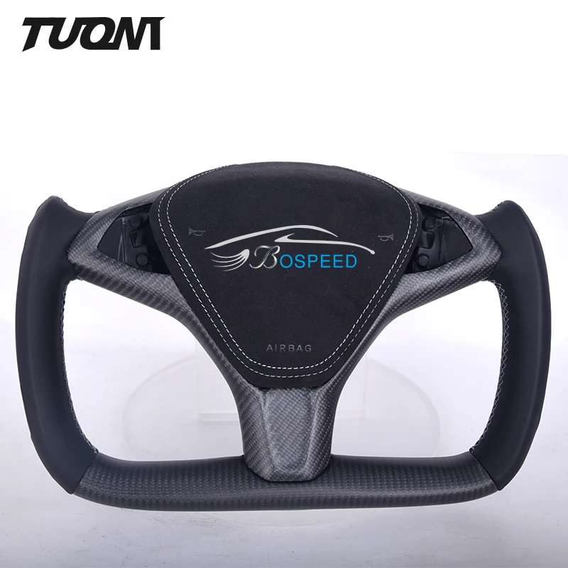 Yoke Shape Black Leather Carbon Fiber Steering Wheel For Tesla Model X Model S Support Custom