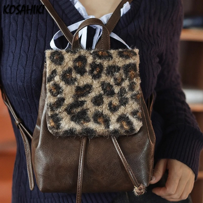 

Y2k Aesthetic Leopard Patchwork Mini Backpacks Vintage Harajuku Ins Handbags 2025 New Streetwear All Match Travel Backpack Women