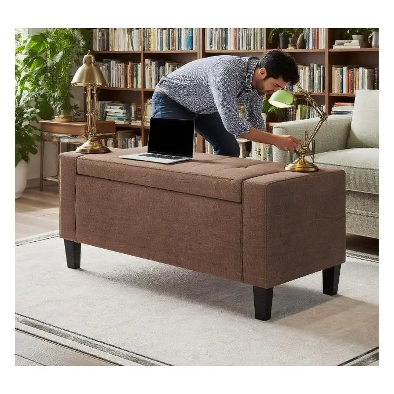 Lift Top Storage Ottoman Bench with Rubberwood Legs, Linen Upholstered Entryway Seating, Versatile and Stylish Home Organizer