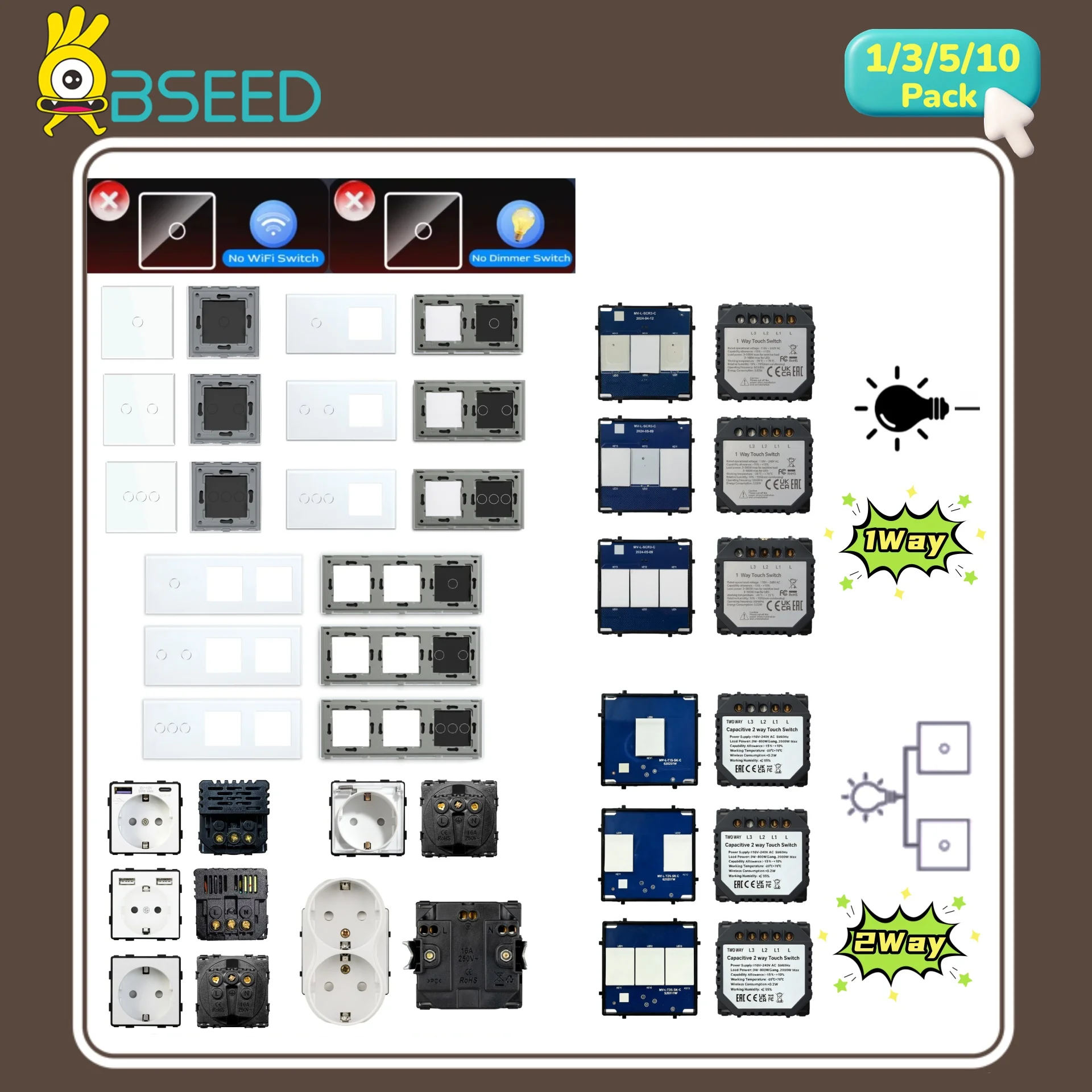 BSEED 1/2/3Gang 1Way Wall Light Switch Module Part EU 2Way LED Light Switch Insert Blue Backlight Free Combination Glass Panels