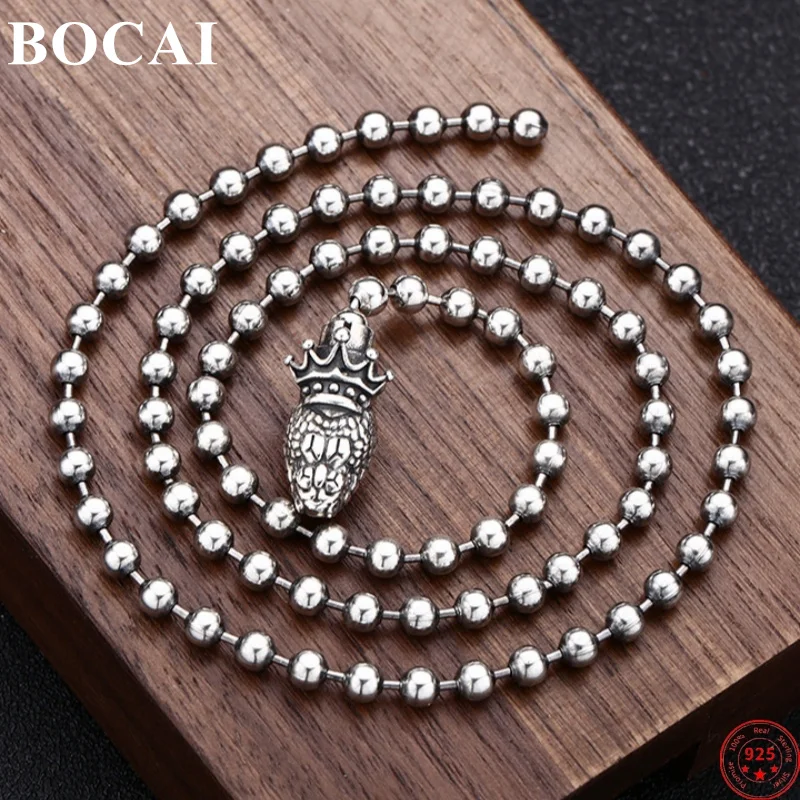 

BOCAI S925 Sterling Silver Necklaces for Women Men New Fashion Greedy Snake Head Beads-chain Punk Jewelry Free Shipping