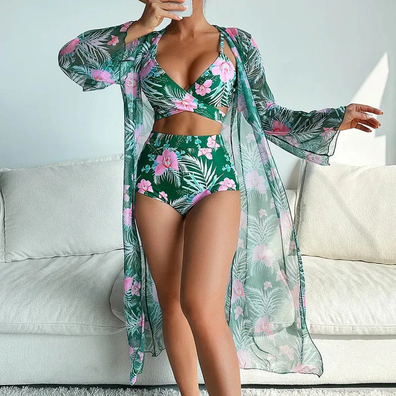 Traje de baño para mujer, Bikinis de cintura alta con Control de barriga, conjunto de Bikini Sexy de 3 piezas, traje de baño para cubrir, 2024