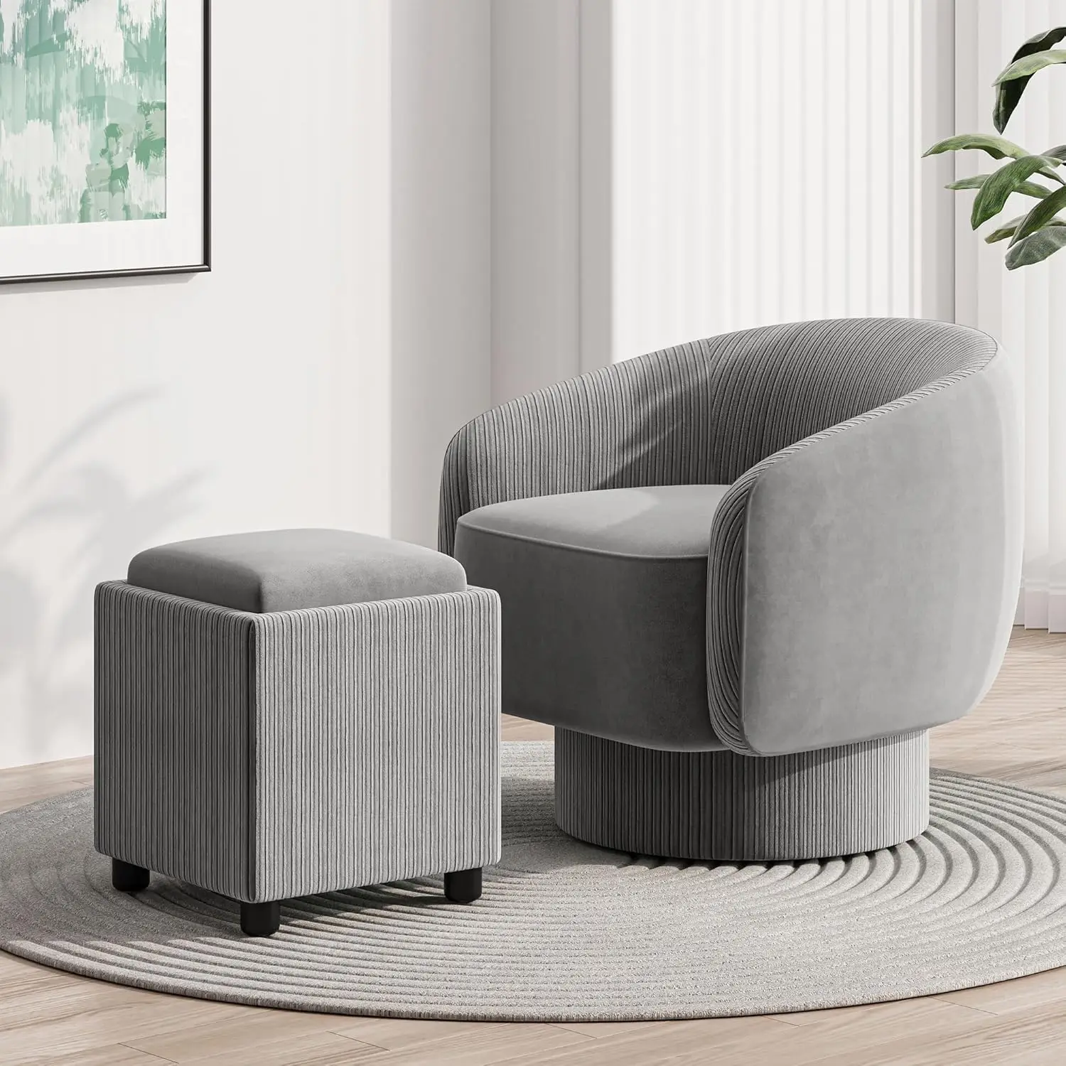 

Swivel Accent Chair with Ottoman, 360° Swivel Barrel Chair with Storage Footrest, Modern Velvet Armchair for Living Room