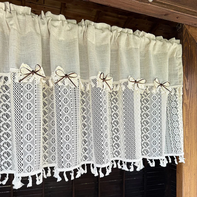 1PC American Retro Imitation Linen Splicing Geometric Hollow Lace Cafe Curtain with Bow Decor For Living Room Kitchen Homestay