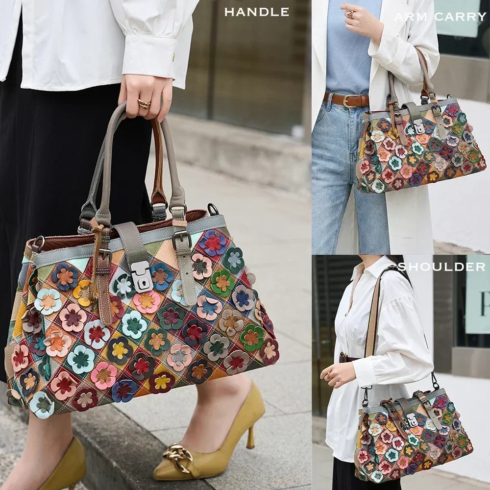 Genuine Leather Floral Applique Women Crossbody Bag Color Block Splicing Shoulder Handbag High End Casual Weekend Travel Bags