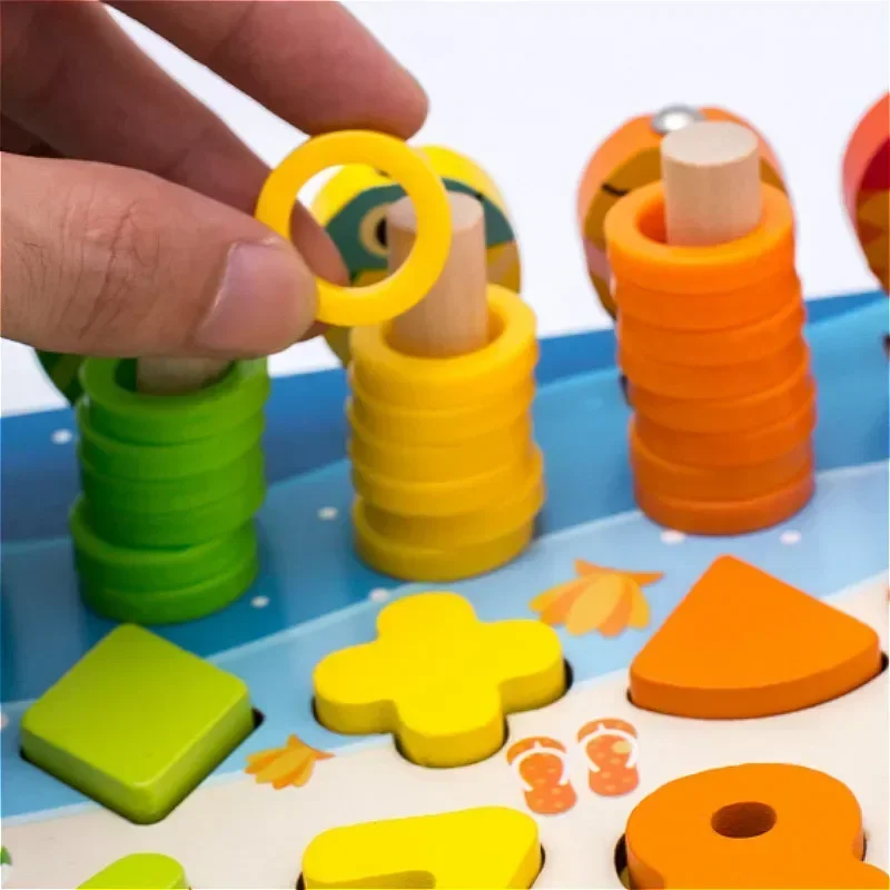 Juguetes educativos de matemáticas de madera Montessori para niños en edad preescolar, tablero ocupado, forma de conteo, colores, rompecabezas de pesca, juguetes de aprendizaje, regalo