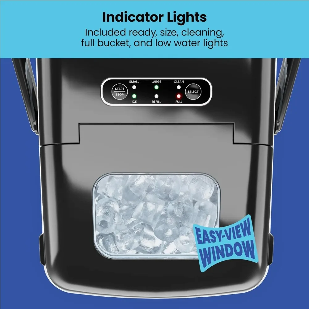 Dual size tabletop portable ice maker, capable of creating 6 cube sizes in 2 minutes and accommodating 1.3 pounds of ice cubes