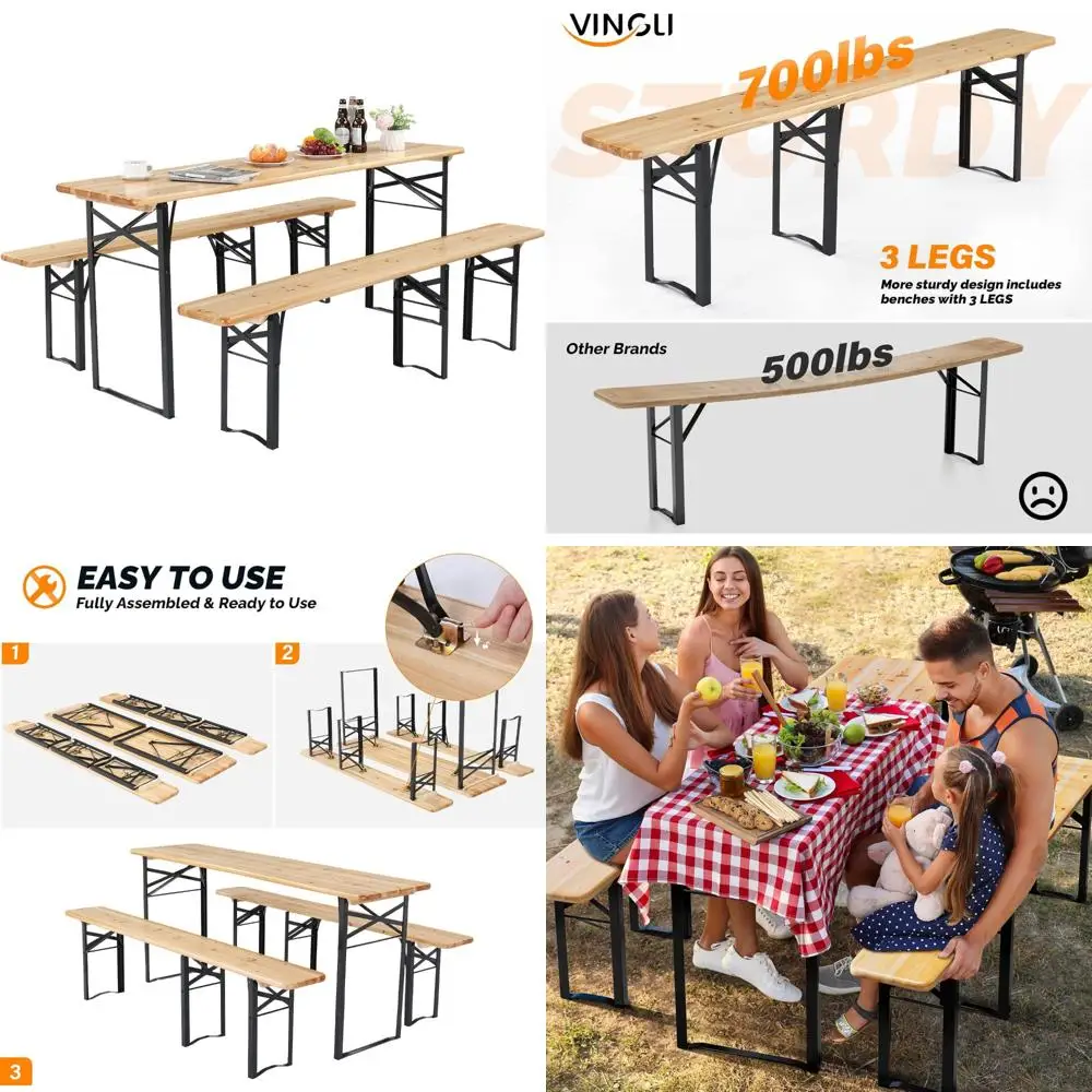 

70-дюймовый устойчивый к атмосферным воздействиям деревянный стол для пикника со складными скамейками, портативная уличная садовая мебель для пива, складной из 3 предметов