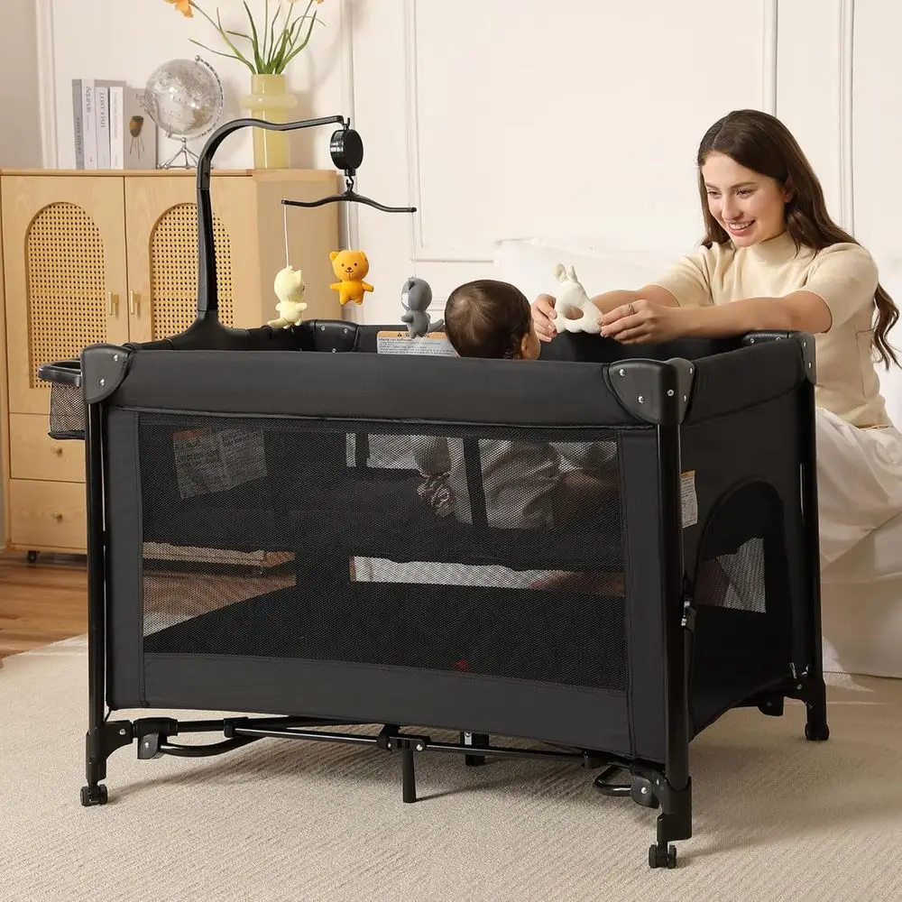 Breathable Mesh Steel Frame Play Yard - Foldable Bassinet, Crib, Changing Table for Newborn to Toddler (Black)