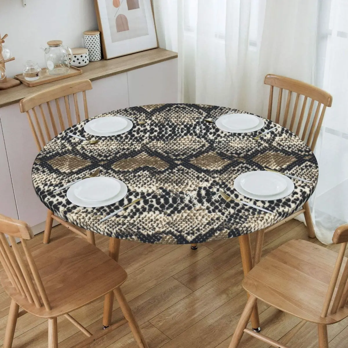 Snake Skin Print Tablecloth Round Elastic Fitted Oilproof Snakeskin Animal Texture Table Cloth Cover for Banquet