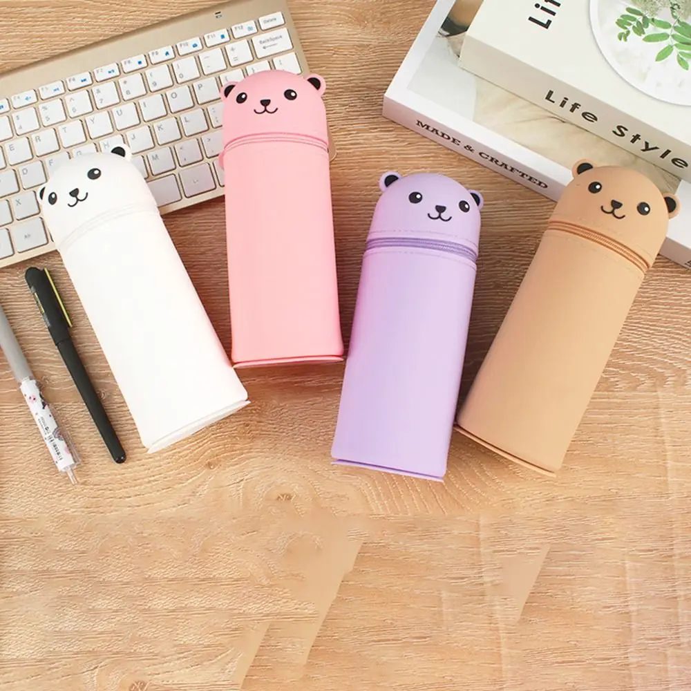 INS Cute Animal Cartoon Bear Pencil Case Soft Creative Pencil Pouch Retractable Silicone Stationery Box Desk Organizers